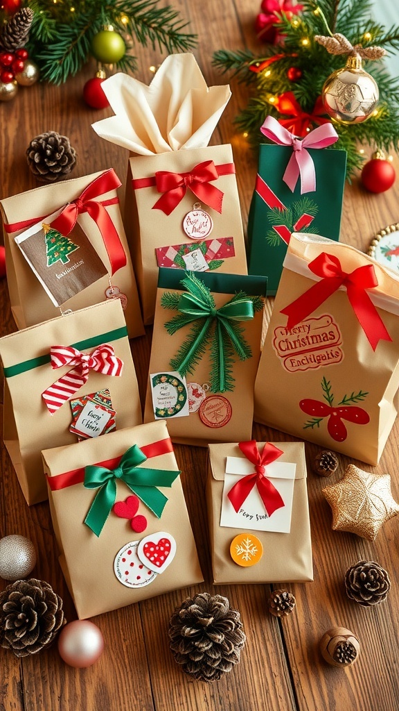 DIY Christmas Gift Bags Colorful DIY Christmas gift bags decorated with ribbons and stickers on a wooden table with holiday decorations.